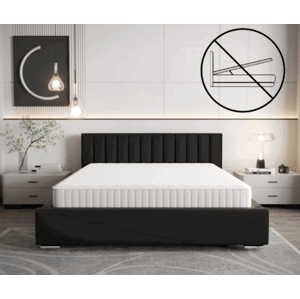Moderní čalouněná postel s vertikálním prošíváním na čele v černé barvě bez úložného prostoru