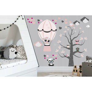 Dětská růžová nálepka na zeď létající ovečka a sovy 100 x 200 cm