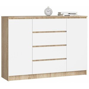 Ak furniture Komoda Kryštof 140 cm 2 skříňky a 4 šuplíky dub sonoma/bílá