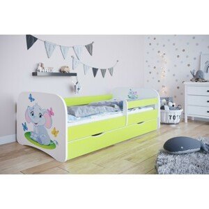Kocot kids Dětská postel Babydreams slon s motýlky zelená, varianta 70x140, bez šuplíků, s matrací