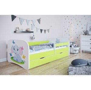 Kocot kids Dětská postel Babydreams slon s motýlky zelená, varianta 70x140, se šuplíky, s matrací