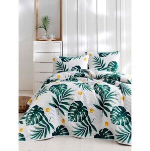 L'essentiel Set bavlněného přehozu přes postel a povlaku na polštář Lura 160x220 cm zeleno-bílé