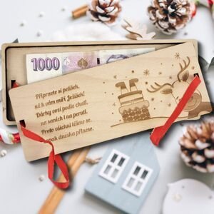Dřevěné přání k Vánocům s prostorem pro peněžní dar