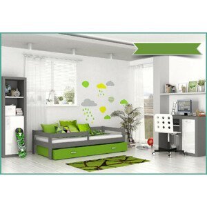 Expedo Dětská postel HARRY P1 COLOR s barevnou zásuvkou + matrace, 80x160, šedý/zelený