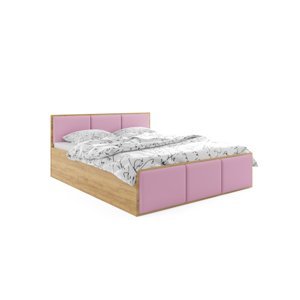 Expedo Čalouněná postel SANTOS, 160x200, dub kraft/trinity 19 - růžová + kovový rošt + matrace