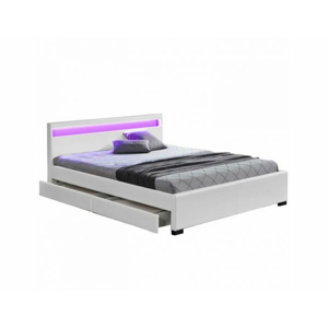 Manželská postel s úložným prostorem CLARETA, RGB LED osvětlení, bílá ekokůže, 160x200