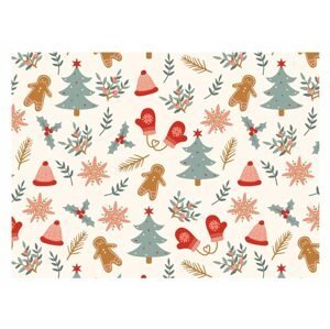 Balící papír klasik - vánoční motivy - stromky, perníčky, čepice - archy 100x70 cm - MFP Paper s.r.o.