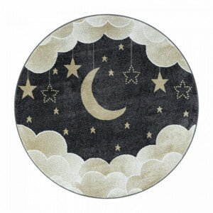 Dětský koberec Funny měsíc nad oblaky, šedý / zlatý kruh