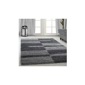 Šedý shaggy koberec s pruhy a čtverci, 60x110