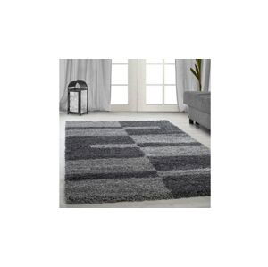 Šedý shaggy koberec s pruhy a čtverci, 240x340