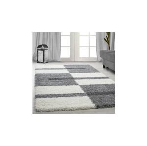 Šedo-bílý shaggy koberec s pruhy a čtverci, 80x250