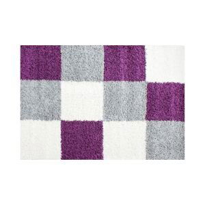 Fialovo-šedo-bílý shaggy koberec se vzorem čtverců, 60x110