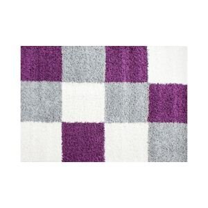 Fialovo-bílý shaggy koberec se vzorem čtverců, 80x150