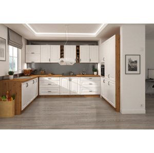 Rohová kuchyňská linka 265 x 300 cm Stilo 1 Barva korpusu: Dub artisan, Barva dvířek: Bílý mat