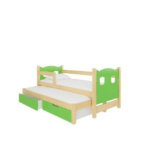 Dětská postel Campos s přistýlkou Rám: Borovice bílá, Čela a šuplíky: Zelená