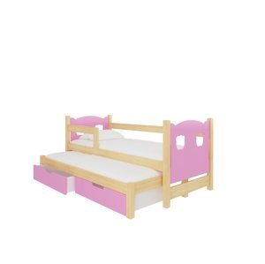 Dětská postel Campos s přistýlkou Rám: Borovice bílá, Čela a šuplíky: Růžová