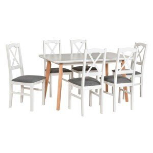 Jídelní set - stůl Oslo 7 + 6x židle Nilo 11 Potahová látka - židle: Tkanina 8B, Barva desky: Bílá, Barva podstavy: Buk přírodní