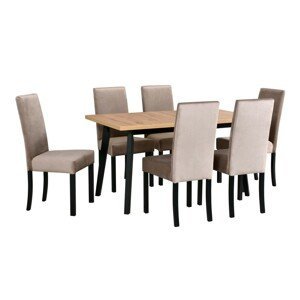 Jídelní set - stůl Oslo 5 + 6x židle Roma 2 Potahová látka - židle: Tkanina 27B, Barva desky: Dub Artisan, Barva podstavy: Černá