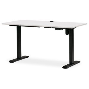 Kancelářský stůl s elektricky nastavitelnou výší pracovní desky. Bílá deska. Kovové podnoží v černé barvě.
