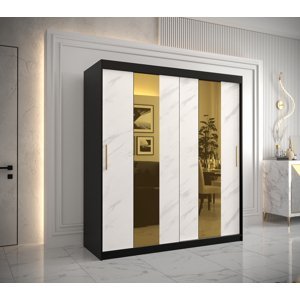 Šatní skříň Abi Golden Pole Barva korpusu: Černá, Rozměry: 180 cm, Dveře: Bílý Marmur + zlaté zrcadlo