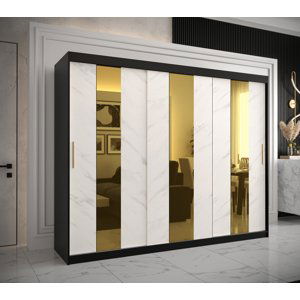 Šatní skříň Abi Golden Pole Barva korpusu: Černá, Rozměry: 250 cm, Dveře: Bílý Marmur + zlaté zrcadlo
