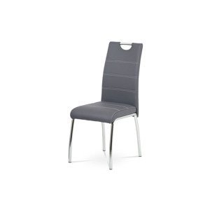 - Jídelní židle, potah šedá ekokůže, bílé prošití, kovová čtyřnohá chromovaná podn - HC-484 GREY