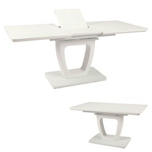 Jídelní stůl 140+40x80 cm, bílá 4 mm skleněná deska, MDF, biely matný lak