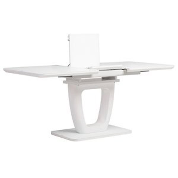 Jídelní stůl 140+40x80 cm, bílá 4 mm skleněná deska, MDF, biely matný lak