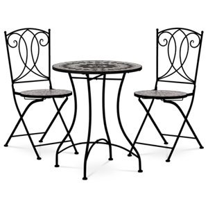 Zahradní set, stůl + 2 židle, kov, černá matná barva, šedočerná keramická mozaika