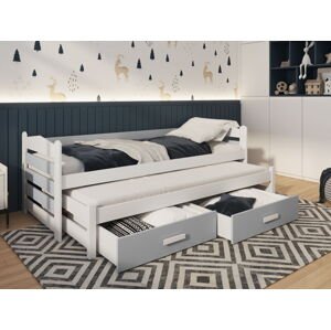 MebloBed Rozkládací postel Tiago s úložným prostorem 90x200 cm (Š 97 cm, D 205 cm, V 76 cm), Bílý akryl, Modré PVC, 1 ks matrace do přistýlky
