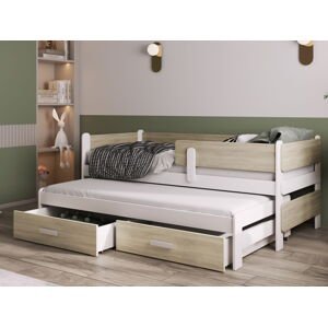 MebloBed Rozkládací postel Solano s úložným prostorem 80x180 cm (Š 93 cm, D 190 cm, V 78 cm), Bílý akryl, Dub sonoma PVC, bez matrací, zábranka vlevo