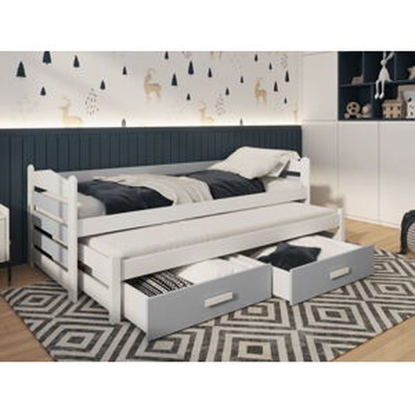 MebloBed Rozkládací postel Tiago s úložným prostorem 90x200 cm (Š 97 cm, D 205 cm, V 76 cm), Bílý akryl, Dub sonoma PVC, bez matrací