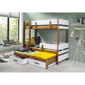 MebloBed Patrová postel Ettore III - trojlůžko 90x200 cm (Š 103 cm, D 210 cm, V 171 cm), Dub, Bílé PVC, bez matrací, se zábrankou, žebřík na pravé straně
