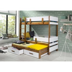 MebloBed Patrová postel Ettore III - trojlůžko 90x200 cm (Š 103 cm, D 210 cm, V 171 cm), Přírodní borovice, Bílé PVC, bez matrací, se zábrankou, žebřík na levé straně