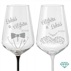 Svatební skleničky na víno Novomanželé B&W s krystaly, 2 ks