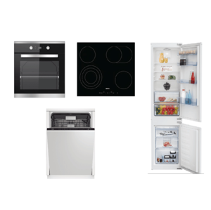 Set spotřebičů Beko, trouba BIM25301XCS + deska HIC64404T + myčka DIN28422+ lednice BCSA285K4SN