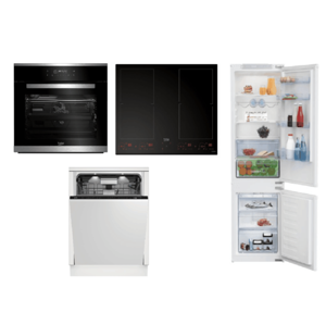 Set spotřebičů Beko, trouba BIMM25400XMS + deska HII64801F2HT + myčka DIN48532+ lednice BCHA275E4SN