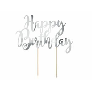 Zápich - dekorace na dort Happy Birthday, stříbrná 22,5 cm - PartyDeco