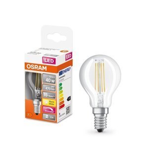 Stmívatelná LED průhledná žárovka E14 4,8 W CLASSIC P, teplá bílá