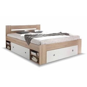 Zvýšená postel s úložným prostorem NEPOLI 140x200, dub sonoma - bílá