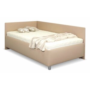 Rohová zvýšená čalouněná postel s úložným prostorem Ryana, 90x200, světle hnědá