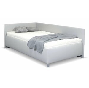 Rohová zvýšená čalouněná postel s úložným prostorem Ryana, 140x200, světle šedá