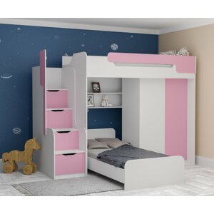 Multifunkční patrová postel Dori se spodní postelí a skříní, lamino bílá/růžová