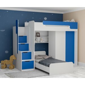 Multifunkční patrová postel Dori se spodní postelí a skříní, lamino bílá/modrá