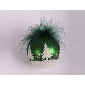 Vánoční ozdoba koule s peřím, stromky, zelená, 7 cm