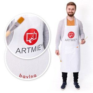 Bavlněná zástěra s logem ARTMIE - bílá (pracovní oděv pro umělce)