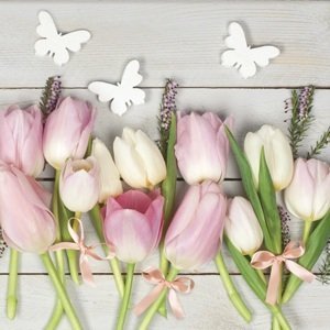 Ubrousky na dekupáž White & Pink tulipány on Wood - 1 ks (ubrousky na)