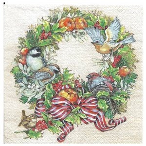 Ubrousky na dekupáž Christmas Wreath with Birds - 1 ks (ubrousky na)