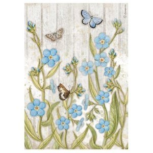 Rýžový papír A4 blue modré květiny a motýly (Rýžový papír A4 na dekupáž)