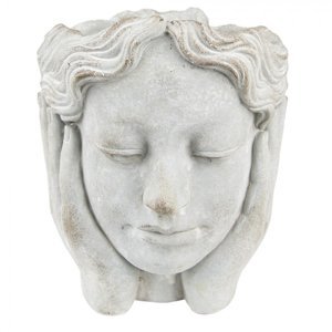 Šedý cementový květináč hlava dívky v dlaních L – 20x23x25 cm